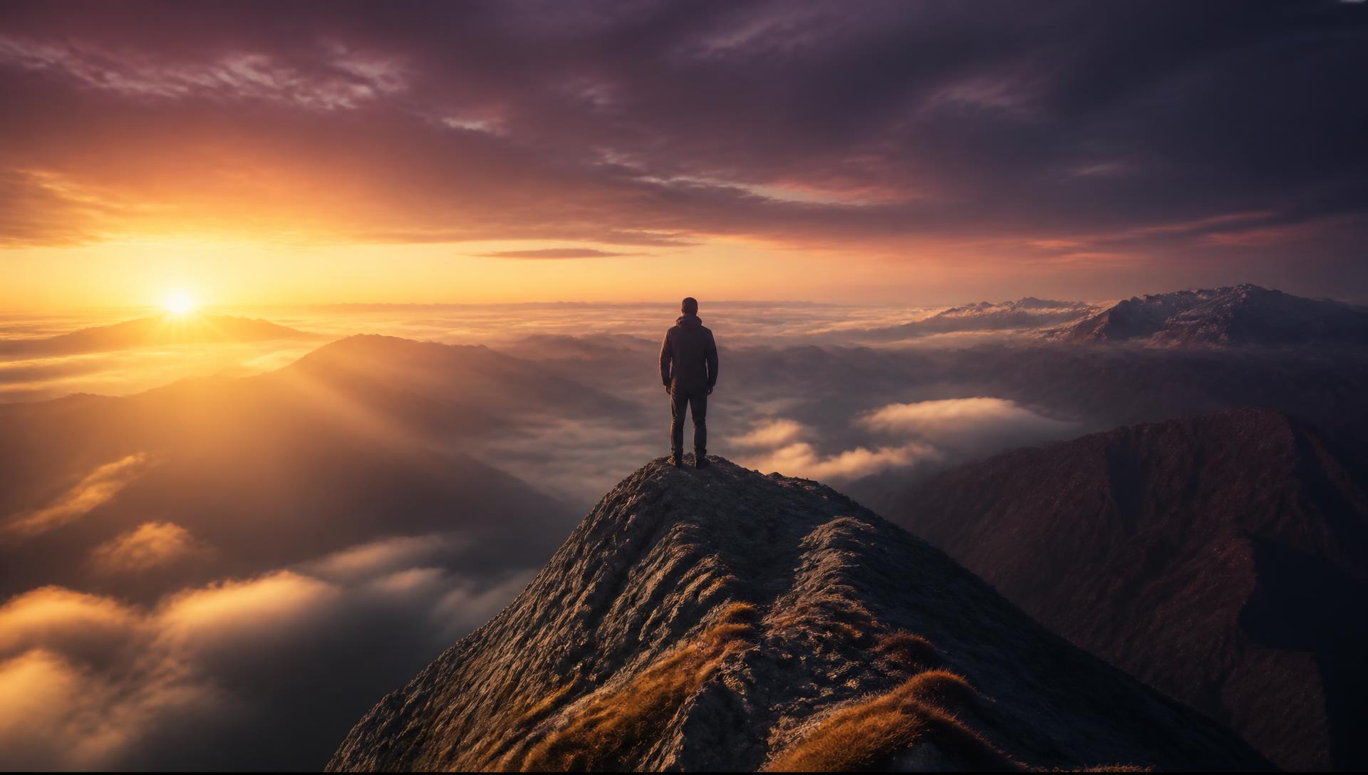 A leader standing on a mountain summit at sunrise above the clouds
